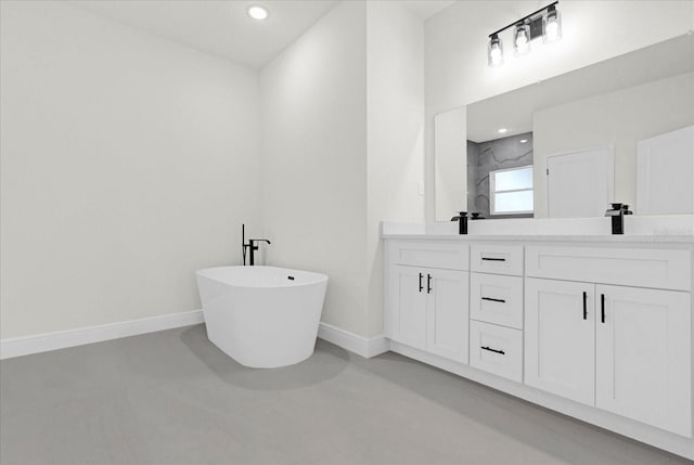 bathroom with concrete floors, vanity, and shower with separate bathtub