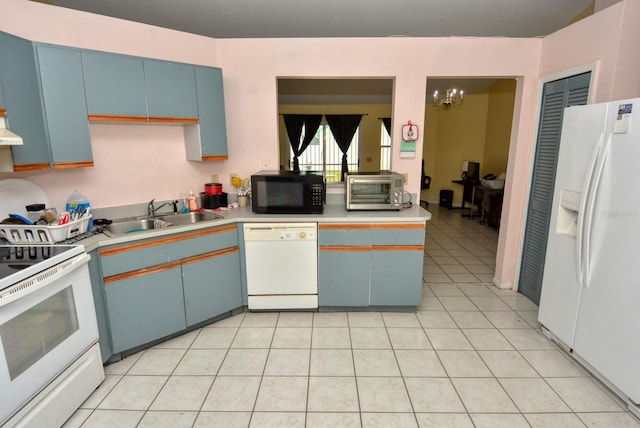 kitchen featuring blue cabinets, sink, ventilation hood, and white appliances