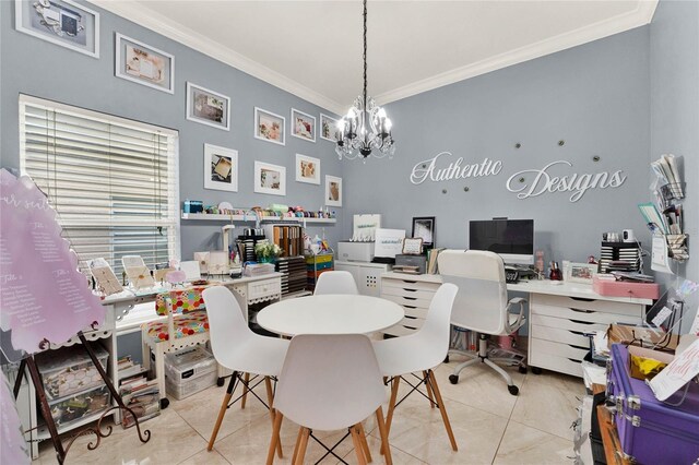 dining space with a notable chandelier, ornamental molding, and light tile patterned floors