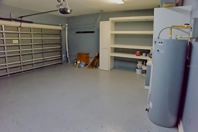 garage with a garage door opener and water heater