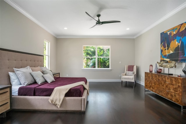 bedroom with multiple windows, ceiling fan, crown molding, and wood-type flooring