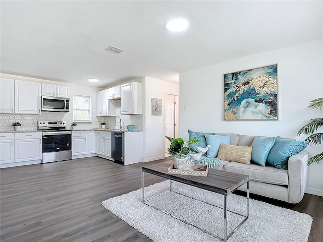 living room featuring dark wood-type flooring and sink