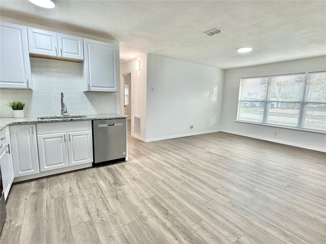 kitchen featuring stainless steel dishwasher, white cabinets, sink, and tasteful backsplash