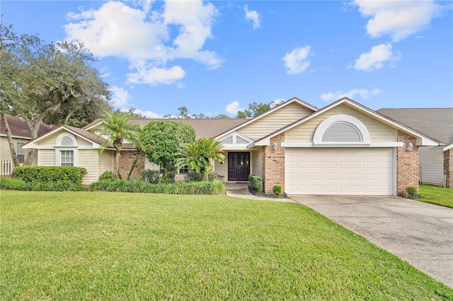 single story home featuring a front lawn and a garage