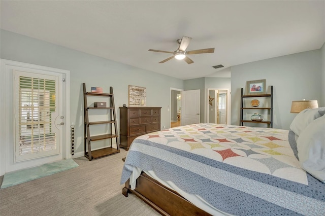 bedroom with ceiling fan, light colored carpet, visible vents, baseboards, and access to outside
