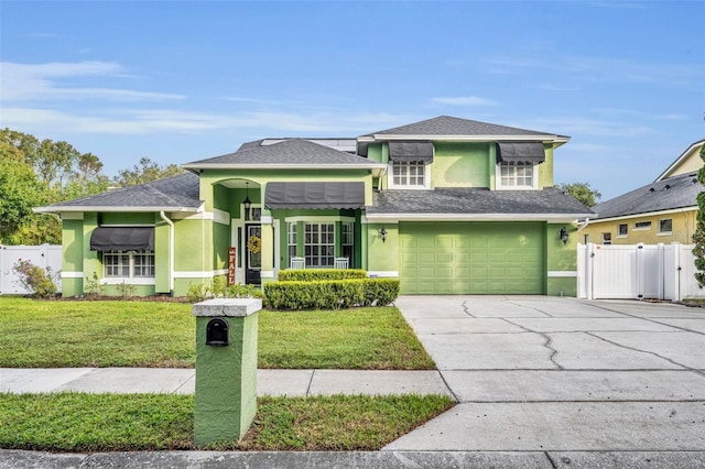 view of front facade with fence, stucco siding, driveway, and a front lawn