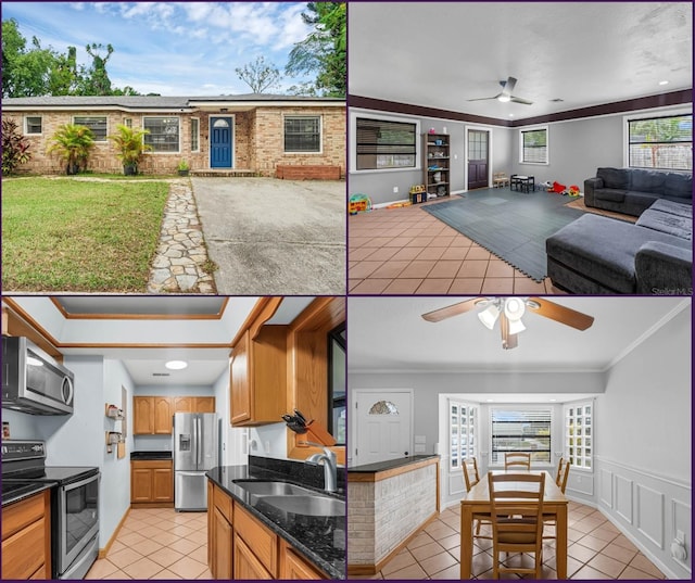 kitchen featuring ornamental molding, stainless steel appliances, light tile patterned floors, sink, and ceiling fan