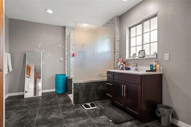 bathroom with vanity and tile patterned floors