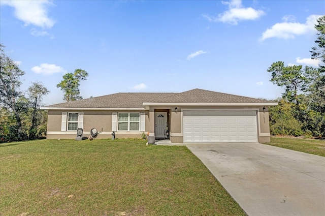 ranch-style house with a front yard and a garage