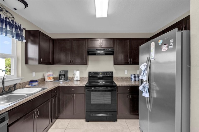 kitchen with exhaust hood, black range with electric cooktop, sink, stainless steel fridge, and light tile patterned floors