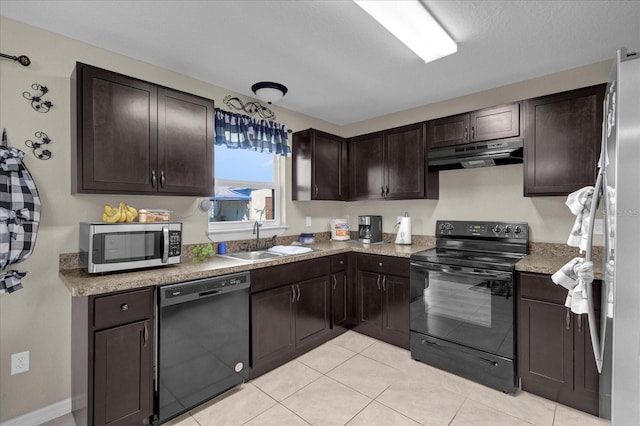 kitchen with dark brown cabinets, black appliances, and sink