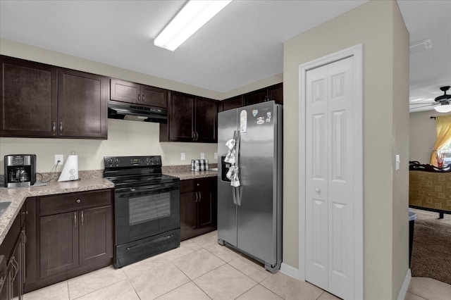 kitchen featuring black electric range oven, stainless steel refrigerator with ice dispenser, dark brown cabinetry, light tile patterned floors, and ceiling fan