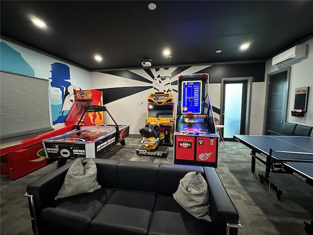 recreation room featuring a wall unit AC and carpet floors