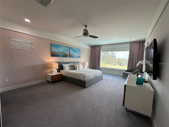 carpeted bedroom with ceiling fan