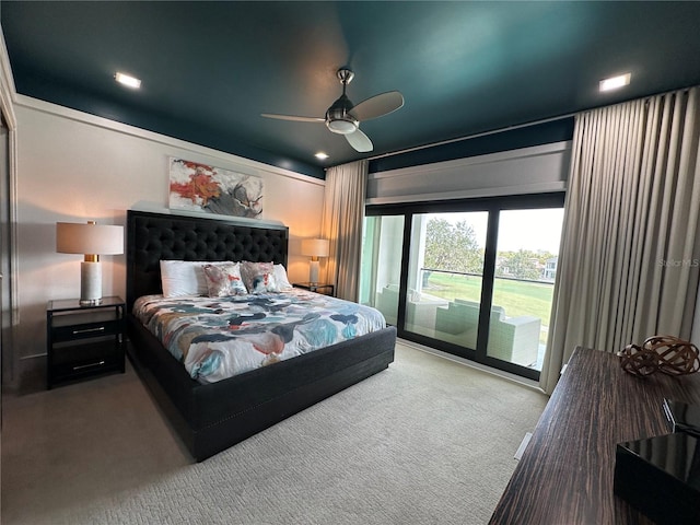 bedroom featuring ceiling fan, access to exterior, and carpet