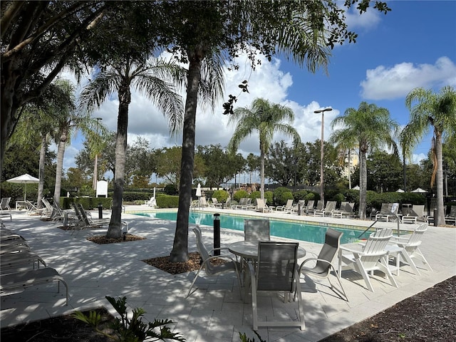 view of swimming pool featuring a patio area