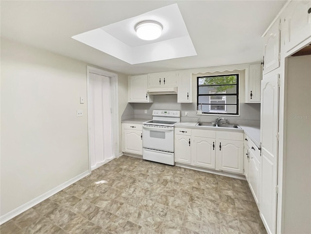 kitchen with white cabinets, white electric stove, sink, and a raised ceiling