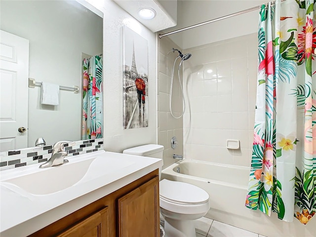 full bathroom with shower / bath combo, toilet, tile patterned floors, vanity, and decorative backsplash