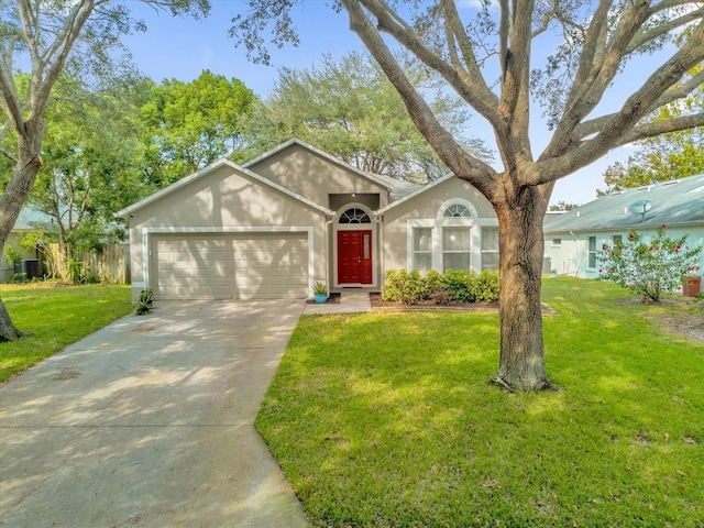 ranch-style house with a front yard and a garage