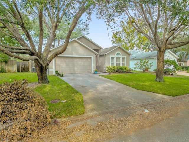 single story home featuring a front yard, central AC, and a garage