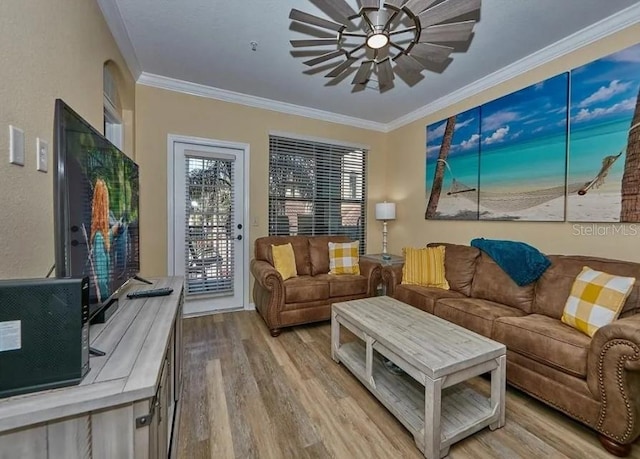 living room with light hardwood / wood-style floors, ornamental molding, and ceiling fan