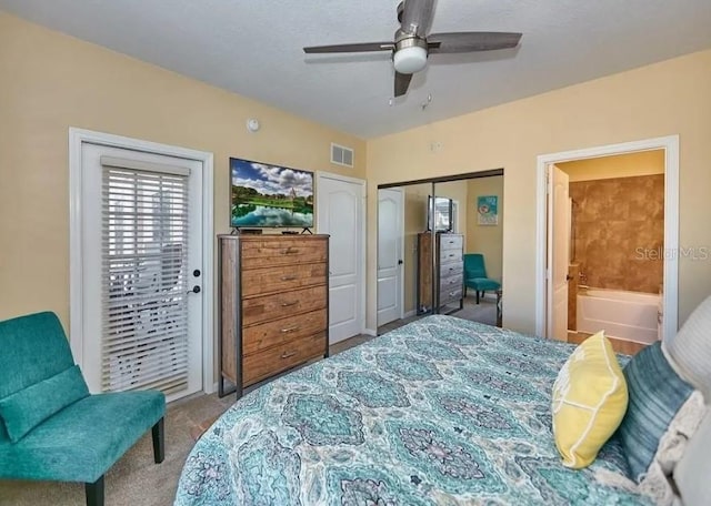 carpeted bedroom featuring connected bathroom and ceiling fan