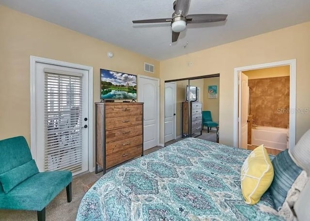 carpeted bedroom featuring a ceiling fan, visible vents, a closet, connected bathroom, and access to outside