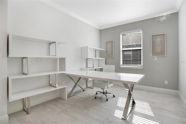 office space featuring light hardwood / wood-style flooring and crown molding