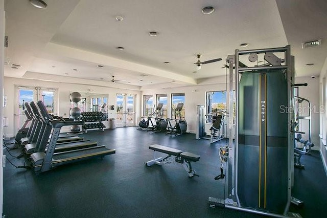 exercise room featuring ceiling fan, a raised ceiling, and a wealth of natural light