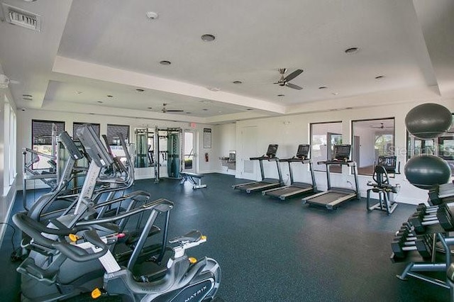 exercise room featuring ceiling fan, a raised ceiling, and plenty of natural light