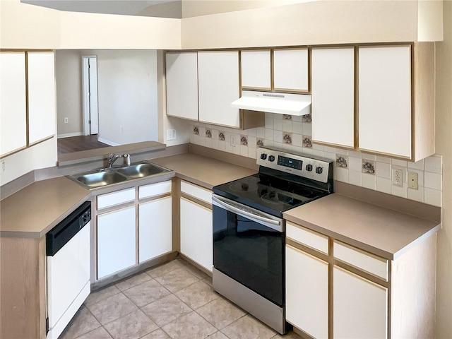 kitchen with white cabinetry, sink, white dishwasher, and stainless steel electric range oven