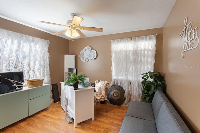 living room featuring light hardwood / wood-style flooring and ceiling fan