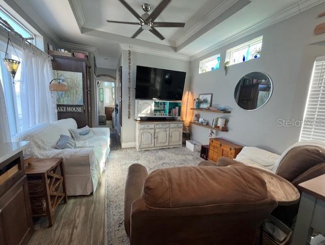 living room featuring crown molding, wood-type flooring, a tray ceiling, and ceiling fan