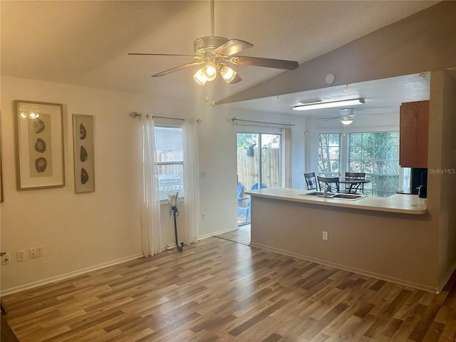 kitchen with light hardwood / wood-style floors, a textured ceiling, a healthy amount of sunlight, and vaulted ceiling