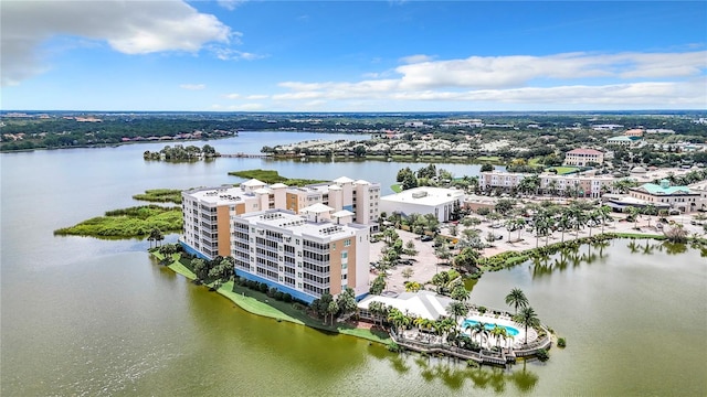 bird's eye view with a water view