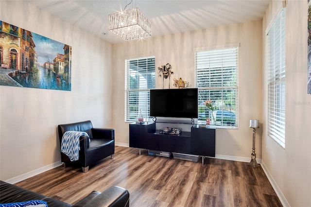 living area featuring an inviting chandelier, a healthy amount of sunlight, and wood-type flooring