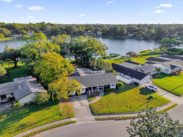 drone / aerial view with a water view