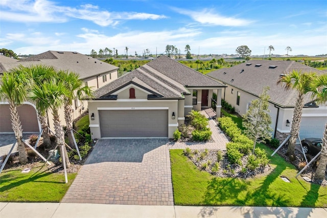 view of front of home with a front lawn, decorative driveway, an attached garage, and stucco siding