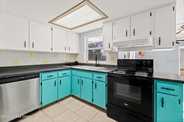 kitchen with electric range, dishwasher, and white cabinets