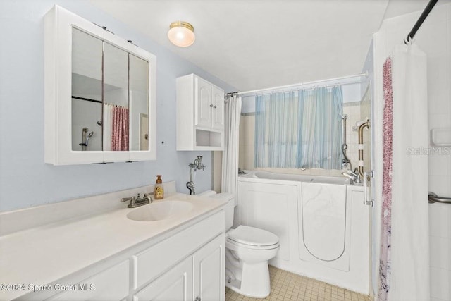 full bathroom featuring toilet, shower / bath combination with curtain, vanity, and tile patterned floors