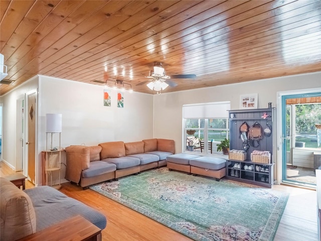 living room with hardwood / wood-style flooring, a healthy amount of sunlight, and wooden ceiling