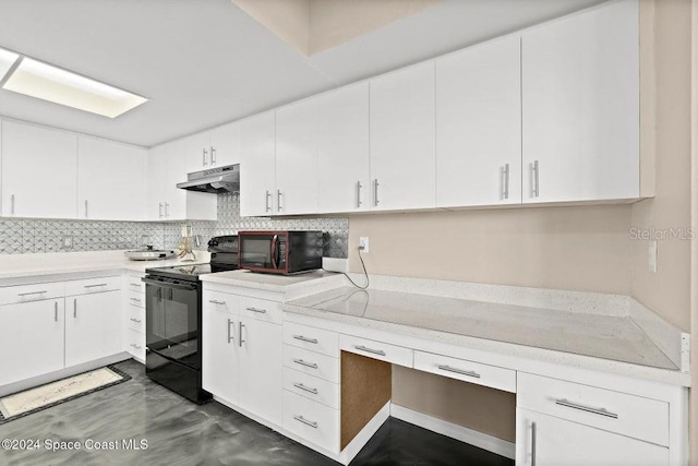 kitchen featuring black appliances, white cabinets, light stone counters, and tasteful backsplash