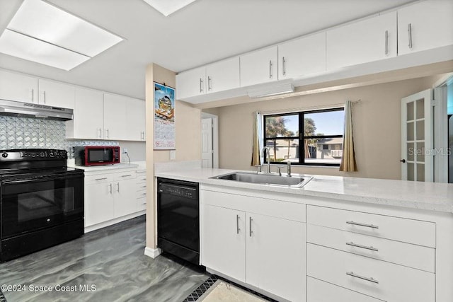 kitchen with white cabinetry, sink, backsplash, extractor fan, and black appliances