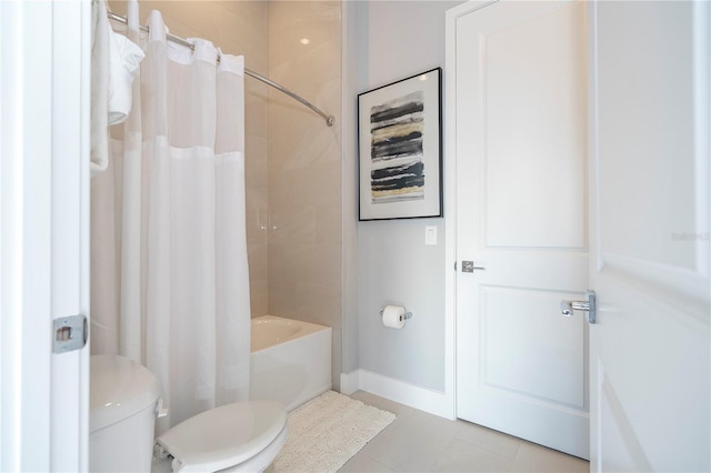 bathroom with toilet, tile patterned floors, and shower / bathtub combination with curtain