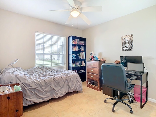 bedroom with light tile patterned flooring and ceiling fan