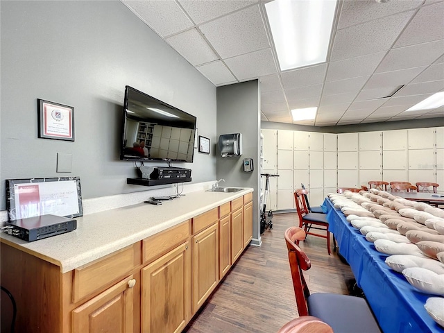 kitchen with sink, hardwood / wood-style flooring, and a paneled ceiling