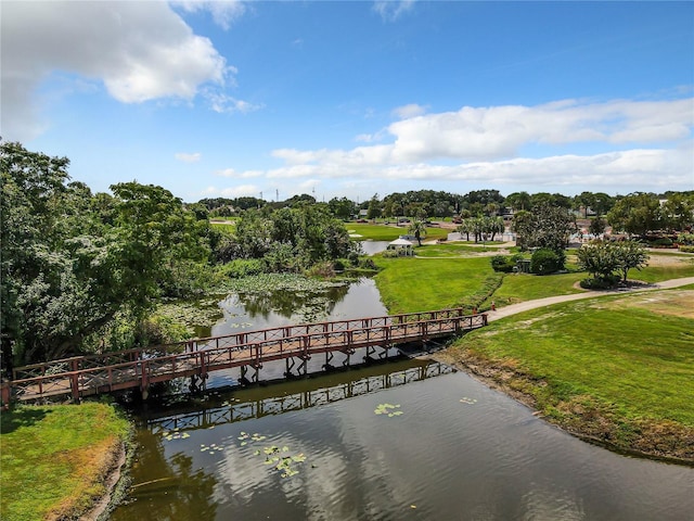 dock area with a water view and a lawn