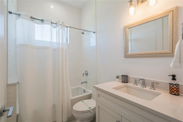 full bathroom featuring vanity, toilet, and shower / bathtub combination with curtain