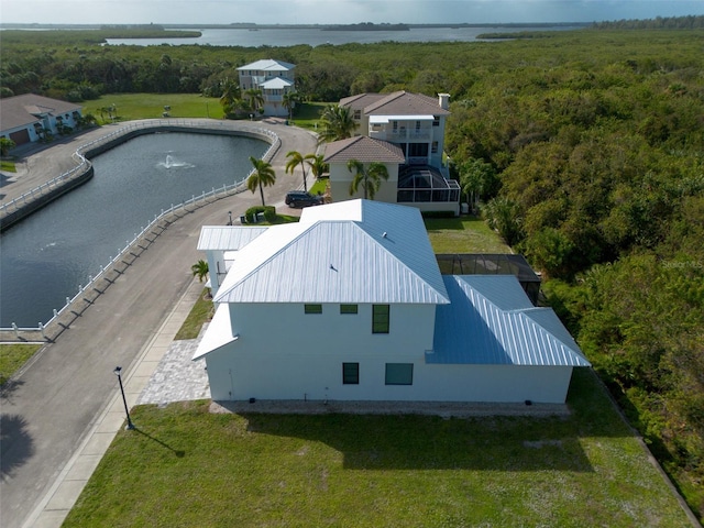 aerial view featuring a water view