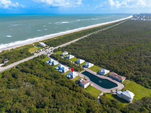 drone / aerial view with a water view and a view of the beach